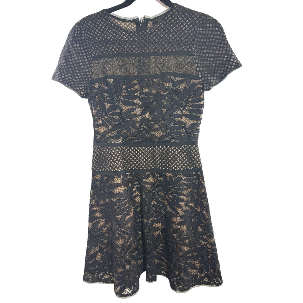 BCBG MAXAZRIA Black Eleanor Lace Blocked Cotton Blend A-line Dress Sz 2 Preowned